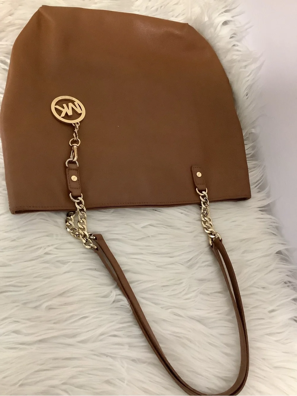 Michael Kors Brown Leather Tote with Gold MK Charm